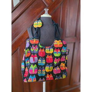 Laurel Burch Black Canvas Handbag Tote With Colorful Cat Design & Charm Accent